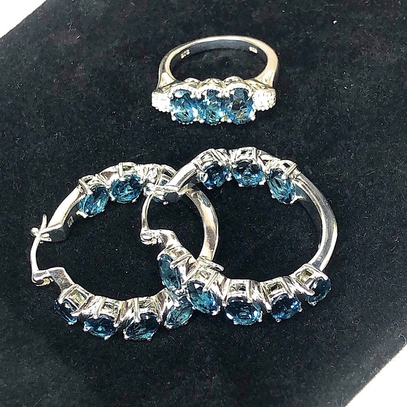 Blue Spinel Hoop Earrings & Ring Set Sz 8 Electroplated Rhodium Sterling Silver - Picture 4 of 17